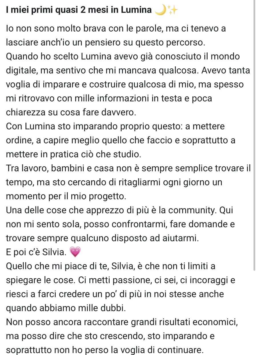 Messaggio di un'iscritta: con Lumina sto imparando a mettere ordine e a mettere in pratica